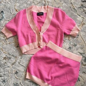 Cider two-tone knit cropped cardigan top and matching skirt set